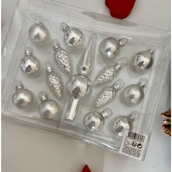 Фото Набір маленьких новорічних іграшок на ялинку Kaemingk зі скла Silver 15 шт, діаметр 3,5 см
